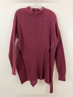 Free People Small Tan Red Cable Knit Mock Neck High Slit Crop Pullover Sweater